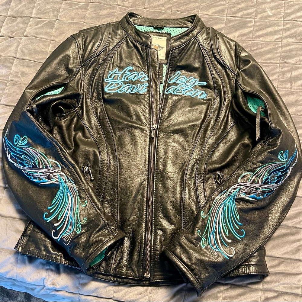 Harley-Davidson Women's Black Leather Jacket with Blue Embroidery